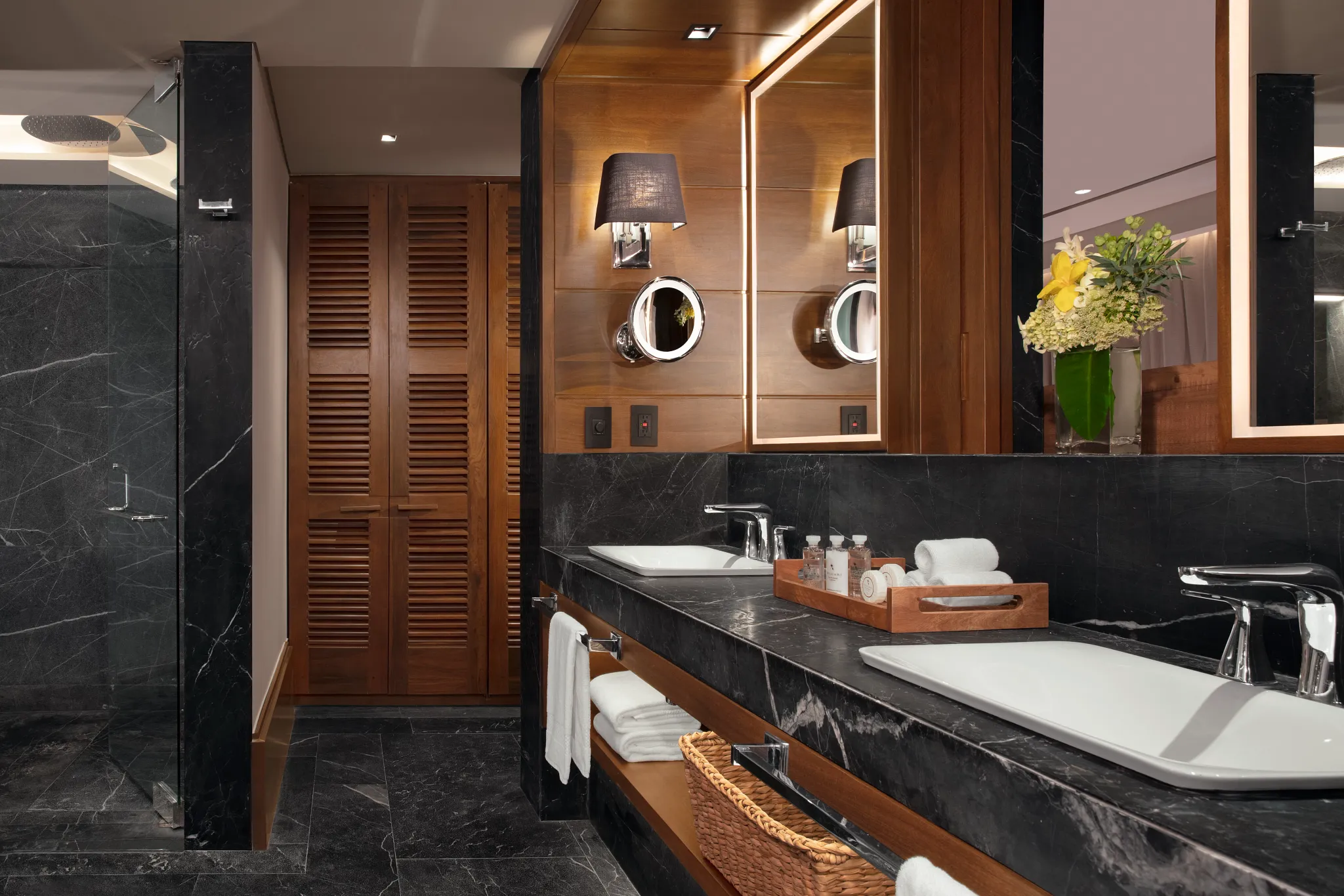Master Suite Ocean Front bathroom with dual sinks and rain shower at Impression Moxché by Secrets.