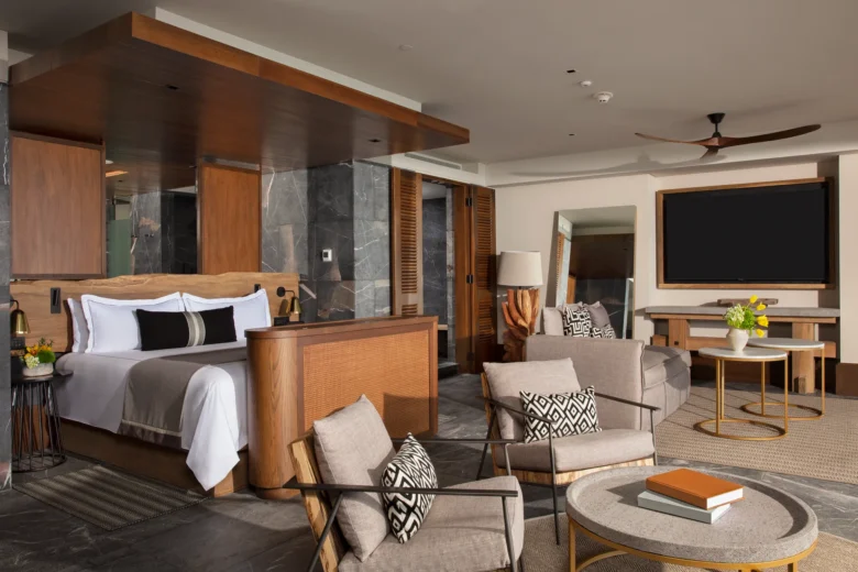 Master Suite Ocean Front king bedroom with modern décor at Impression Moxché by Secrets.