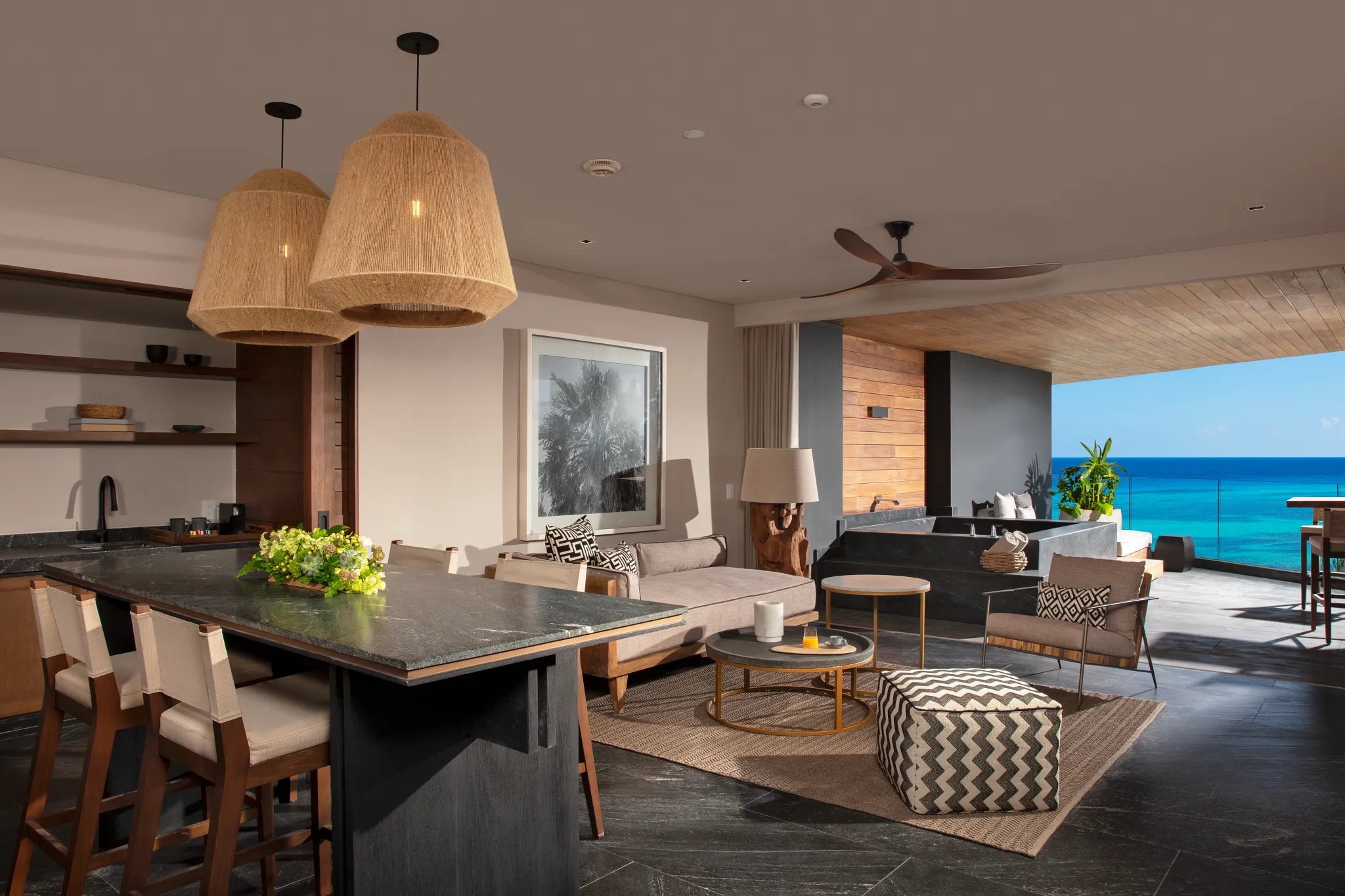 Master Suite Ocean View spacious living room with kitchenette at Impression Moxché by Secrets.