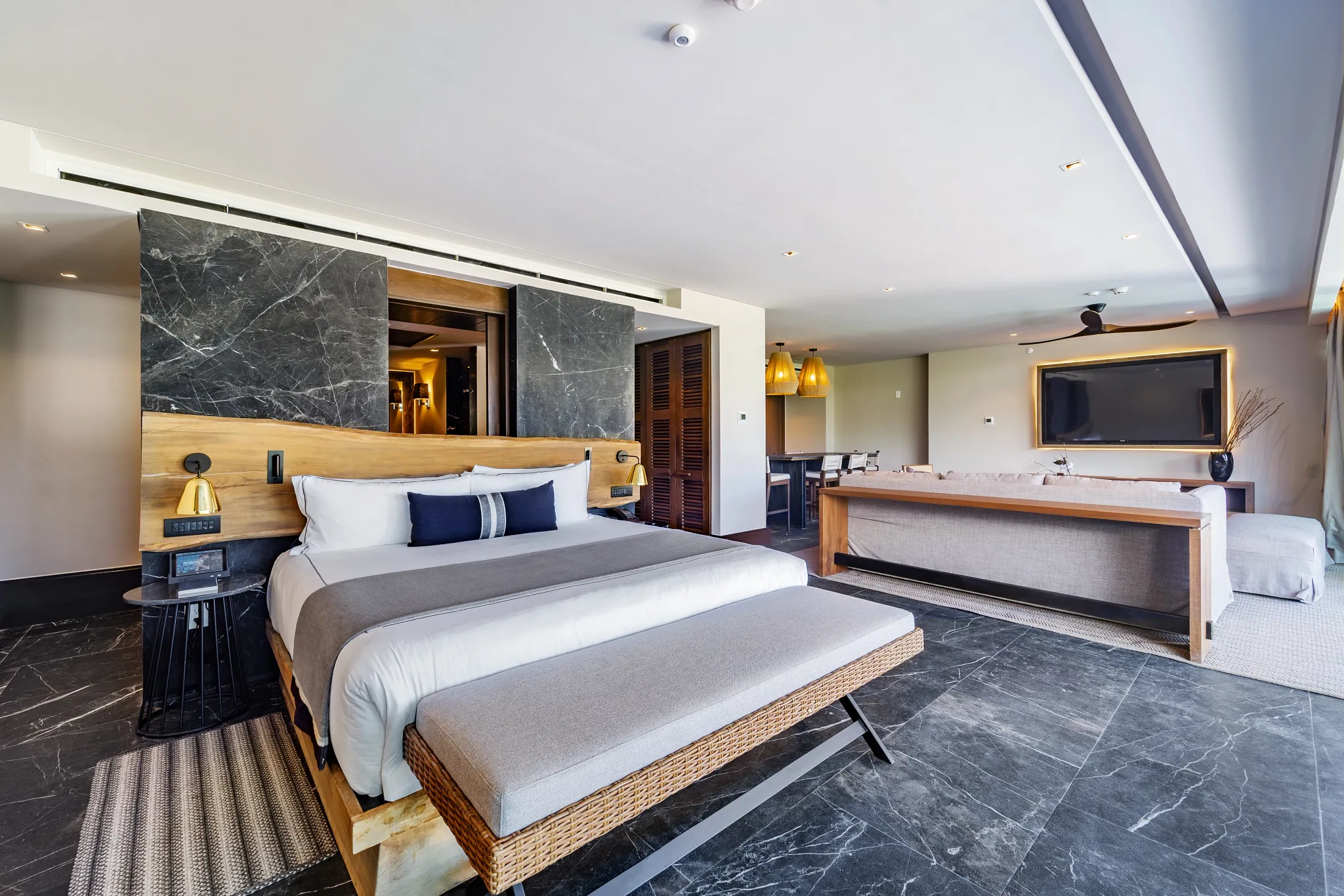 Master Suite Swimout Tropical View king bedroom with modern décor at Impression Moxché by Secrets.